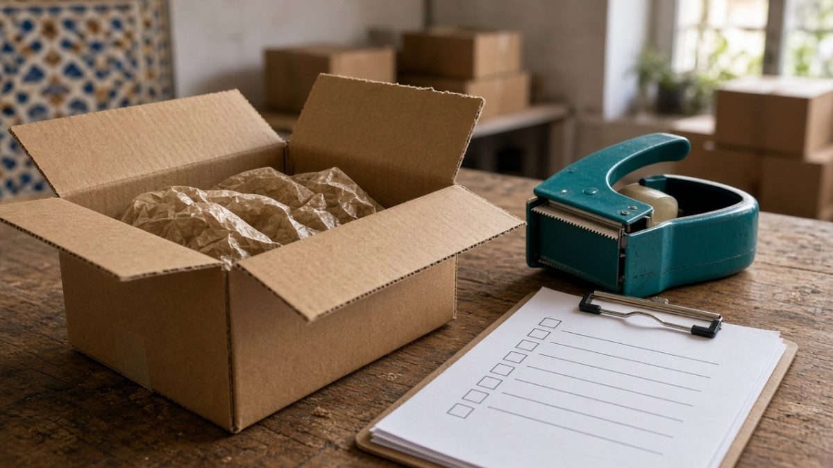 Réception de marchandises dans un dépôt TPE, listing papier et cartons ouverts