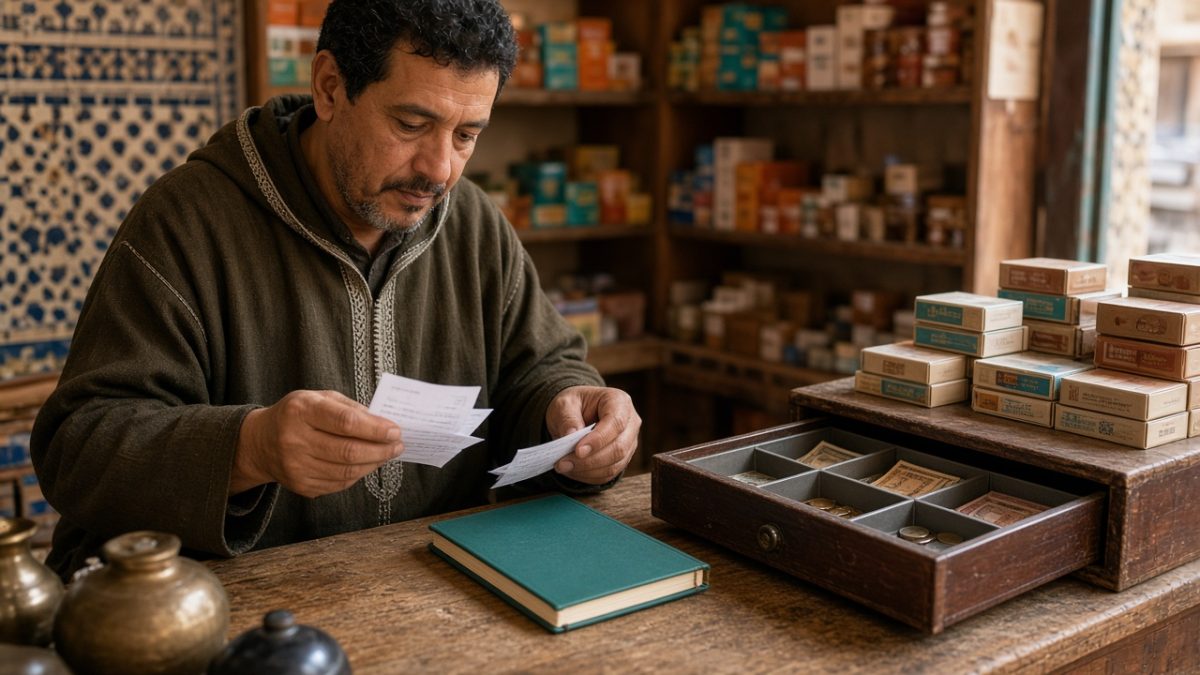 Commerçant marocain qui relie factures, stock et caisse sur un même bureau