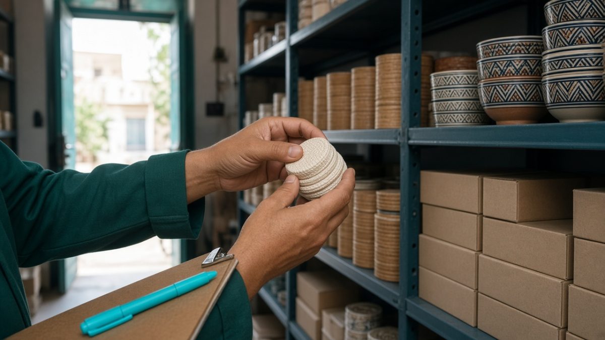 Commerçant qui compte une allée de stock avec un listing, commerce encore ouvert